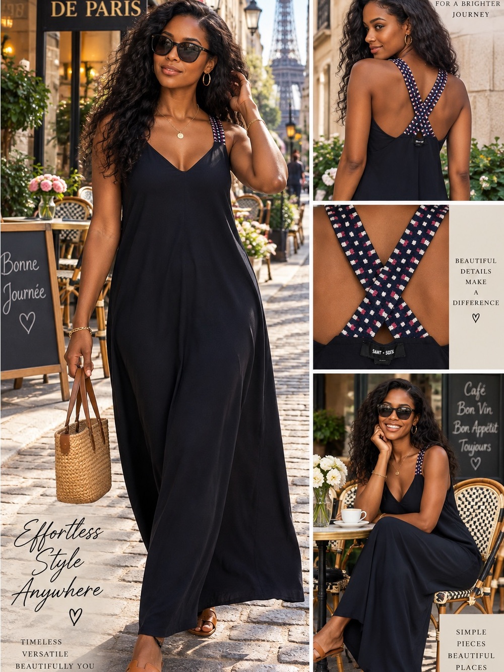 Saint + Sofia Navy Organic Cotton Maxi Dress Patterned Straps UK 12 / US 8